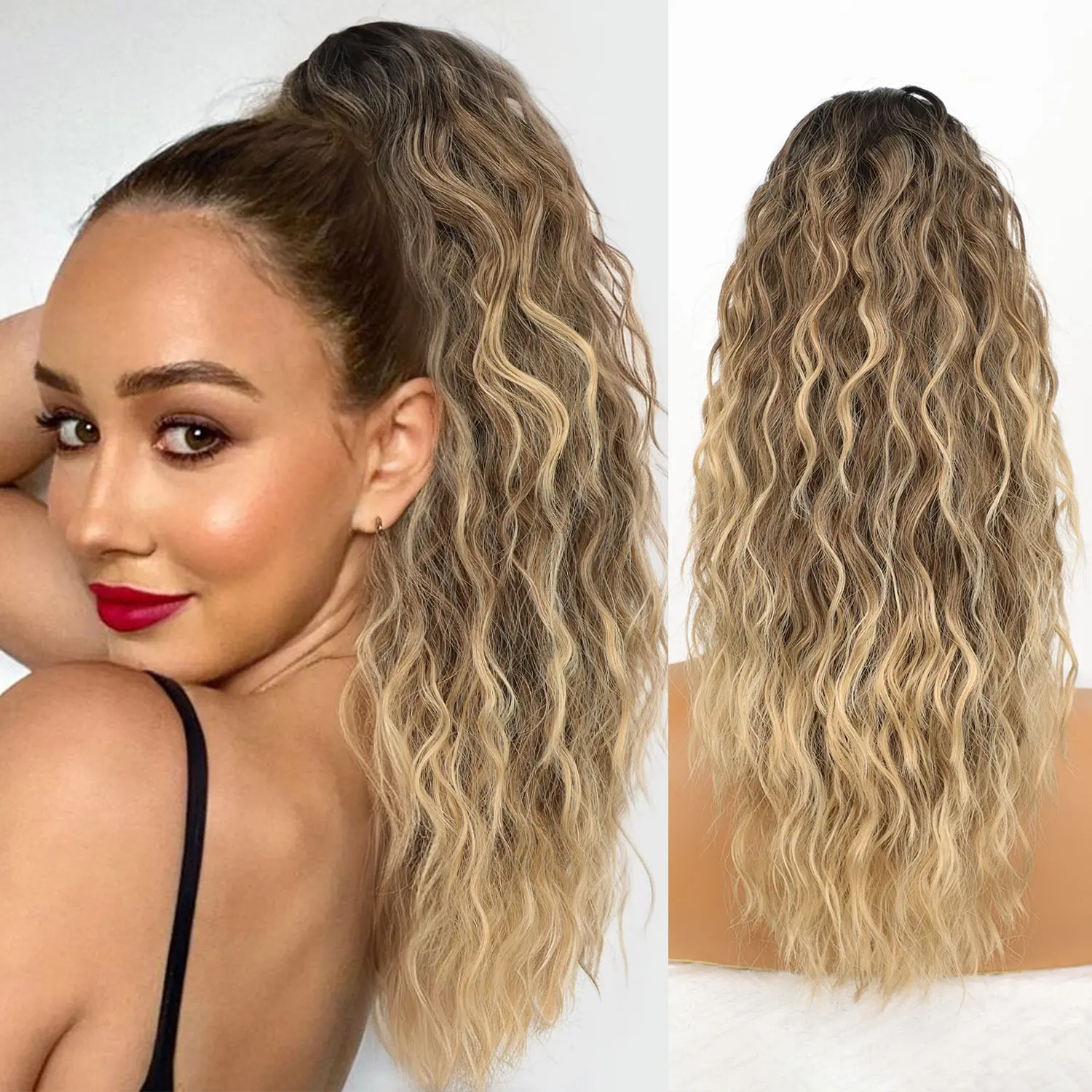 ONLYCUTE Ombre Brown Mix Blonde Claw clip Ponytail-18inch Clip on Easy Wear Easy Off Claw Ponytail Fluffy Natural Looking Highlight Ponytail ExtensionSynthetic Hairpiece for Women Many Colors