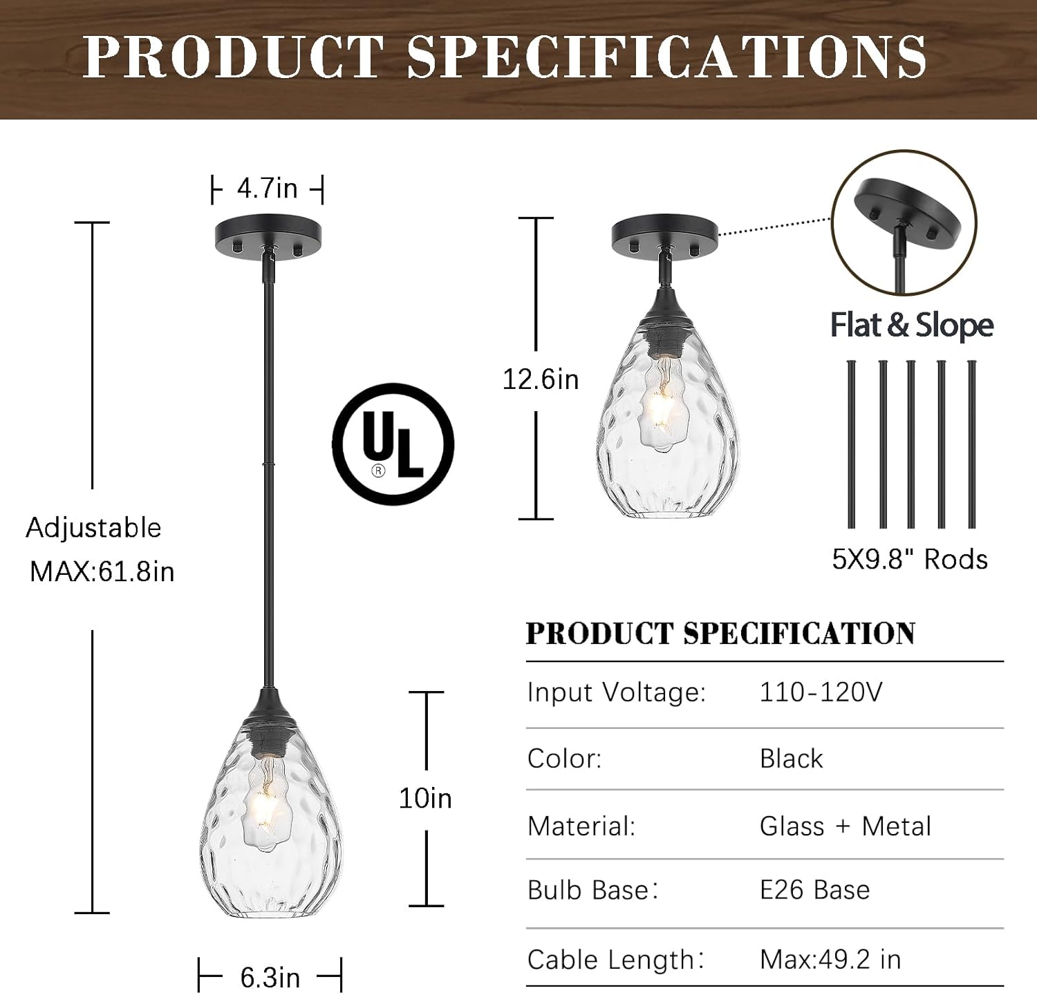 Glass Pendant Lights Kitchen Island, 1-Light Modern Black Fixtures with Hammered Glass & Rods Small Hanging Light for Kitchen Sink Dining Room Bathroom