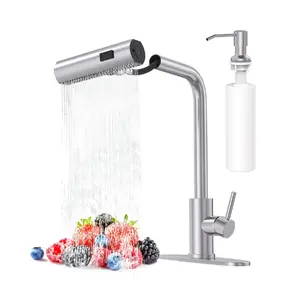Brushed Nickel Stainless Steel Brushed Kitchen Taps with Pull-Down Sprayer and Soap Dispenser - Waterfall Kitchen Sink Faucet, Waterfall Kitchen Taps