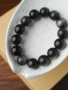 Silver Color Obsidian Bracelet, Edgy Minimalist Design, Shimmering Cat Eye Gemstones, Perfect for Daily Wear & Street Fashion