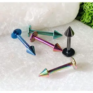 5pc Bulk Pack Externally Threaded Titanium IP Spiked Steel Labrets 14g, 3/8"