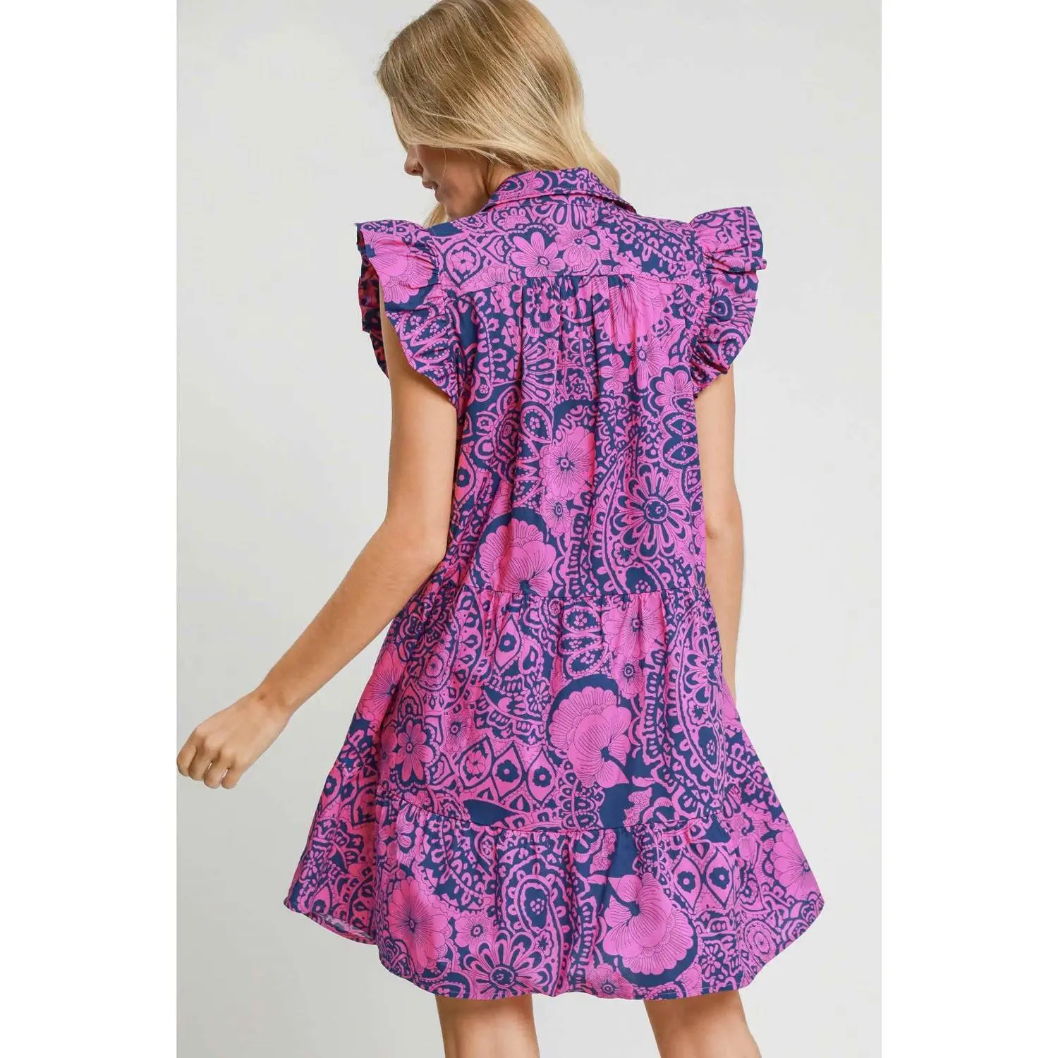 Umgee Full Size Printed Ruffle Cap Sleeve Babydoll Dress Plus Size Casual Cotton