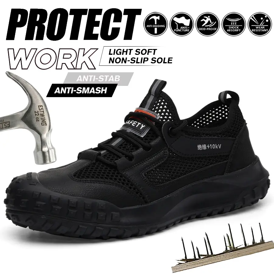 Men's Casual Outdoor Round Toe Lace-Up Safety Footwear - Breathable, Flexible Work Sneakers, Anti-Smash, Anti-Puncture, 10kV Electrical Hazard Defense, Wear-Resistant Rubber Outsole, 3D Sandwich Mesh & Microfiber Upper for Indoor&Outdoor Electrician Jobs