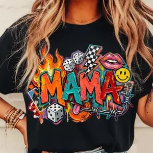 Mama Shirt Graffiti Retro Western Style, Colorful Graphic Tee with Lightning Bolt Dice and Barb Wire, Trendy Mother's Day Gift, Comfy Oversized Unisex T-Shirt, Distressed Aesthetic Streetwear Top