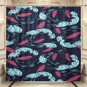 Wave Surfboard Shower Curtain, Retro Ocean Wave Print Waterproof Fabric Curtain, Aesthetic Coastal Surf Bathroom Decor for Surfers Home Makeover
