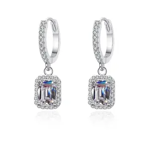925 Sterling Silver Emerald Cut Moissanite Drop Earrings for Women | 1.0CT 5x7mm Halo Sparkly Dangle Earrings | Elegant Statement Jewelry Gift for Her | Hypoallergenic & Tarnish Resistant | Perfect for Wedding, Date Night, Anniversary or Valentine’s Day
