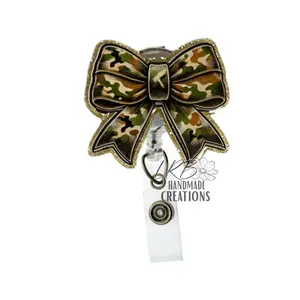 Camo Bow Badge Reel, Retractable ID Holder with Cute Camouflage Bow, Nurse Badge Clip, Teacher Lanyard, Medical Office Accessory, Fun Work Badge Charm, Gift for Healthcare Workers & Staff