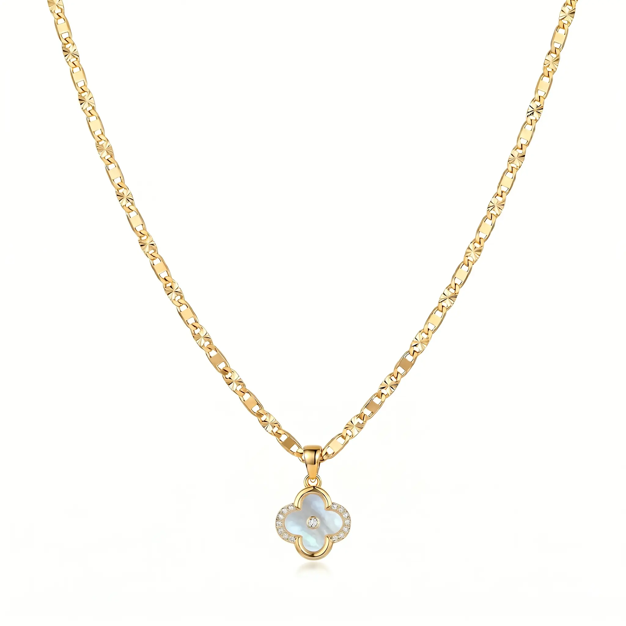 Nandudu Women's 14K Gold Plated Chains Necklace, 23.62in Pearl & CZ Crystals Lucky Pendant Gemstone Necklace, Casual Birthday Gift for Best Friends Trendy Jewelry Accessory