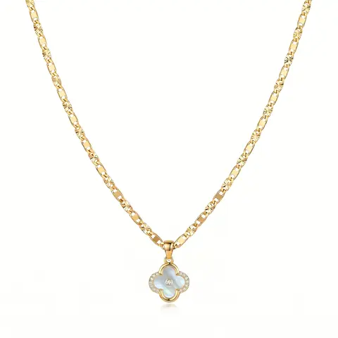 Nandudu Women's 14K Gold Plated Chains Necklace, 23.62in Pearl & CZ Crystals Lucky Pendant Gemstone Necklace, Casual Birthday Gift for Best Friends Trendy Jewelry Accessory