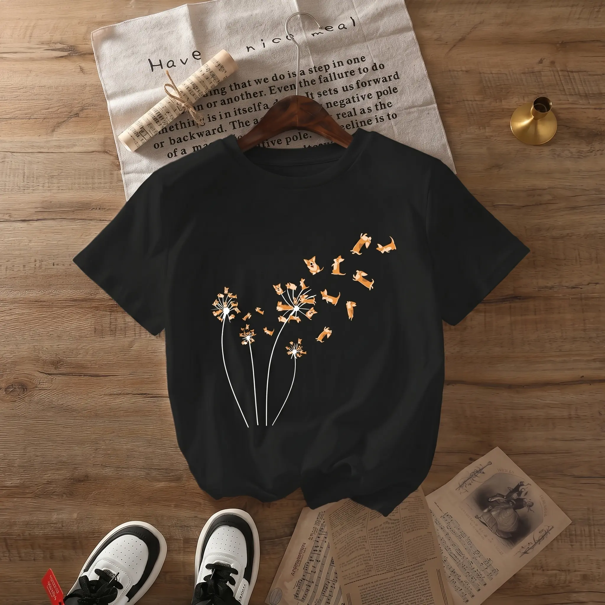 Cute Corgi Dandelion Graphic Tee - Flattering Tops for Summer, Casual Short Sleeve Outfits, Breathable, Comfortable, Shortsleeve, Piece, Printed, Tshirt, Digital Print