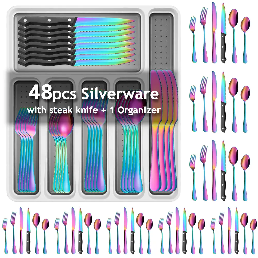 49-Piece Oval Stainless Steel Tableware Set with Matte-Vacuum Coating, Non-Slip Cutlery Organizer Tray, Service for 8, Precision-Cut Blade Steak Knives, Spoons, Kitchen Utensils, Kitchen Dishware Set, Dinnerware Service Set, Weddings/Events