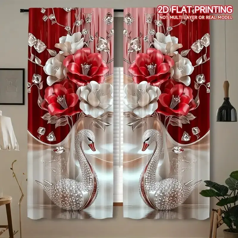 Elegant Floral Print Window Curtain Set, Window Drapes, 2 Piece Modern Rod Pocket Design, Suitable for Living Room and Bedroom Decor, Home Decoration Curtain, Durable Polyester Material