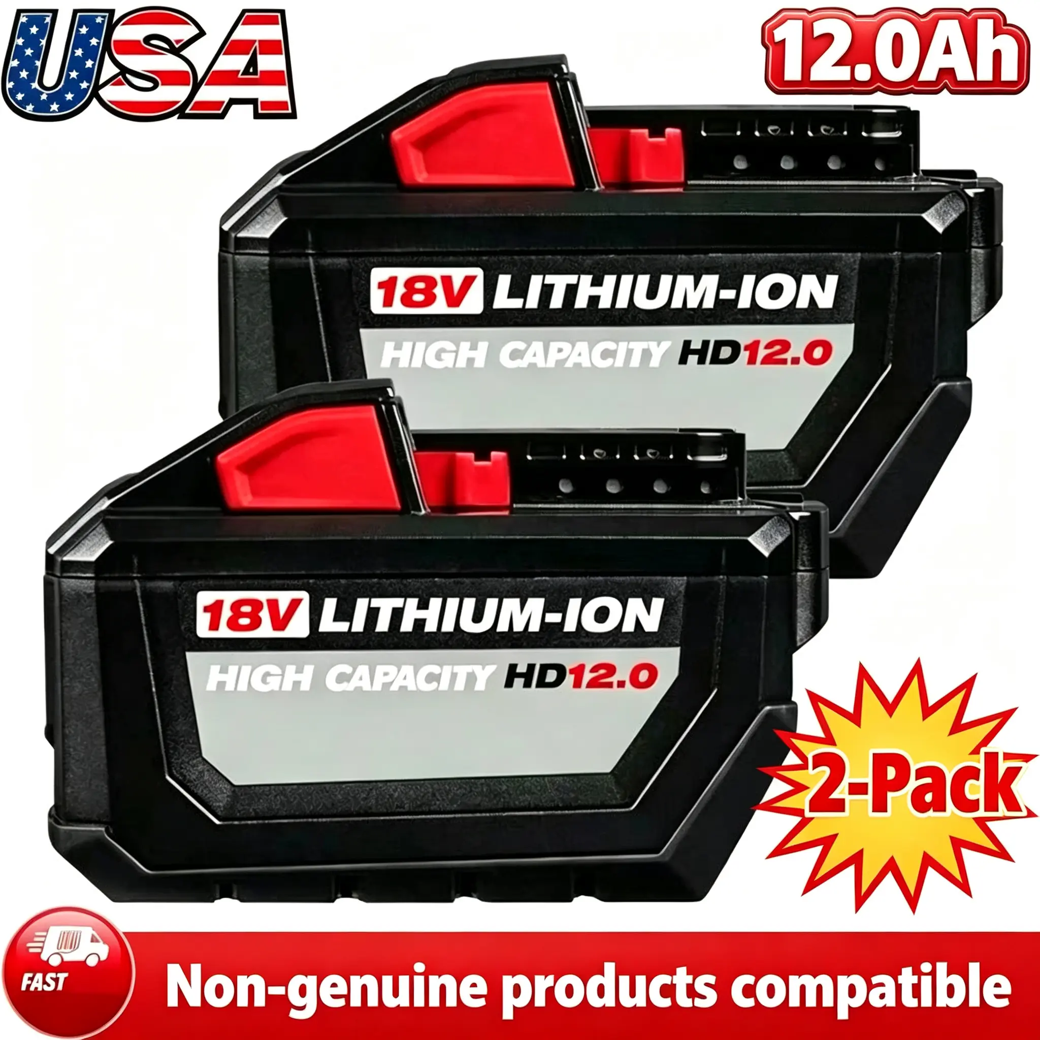 2-Pieces 12.0Ah M18 Series Replacement Lithium-Ion Batteries for Milwaukee 18V Tools, Compatible with 48-11-1850/1860/1880, High-Capacity Extended-Runtime Pack with LED Indicator & Protection System