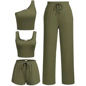 Ekouaer Womens 4 Piece Lounge Sets Ribbed Knit Crop Tank Top and Shorts Pants Casual Outfits