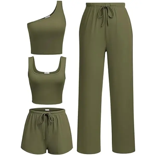 Ekouaer Women's 4-Piece Elastic Ribbed Knit Lounge Set - Fabric Basics: Sleeveless Fitted Lightweight Crop Tank Top, Shorts, Drawstring Pants, Cardigan for Nightwear