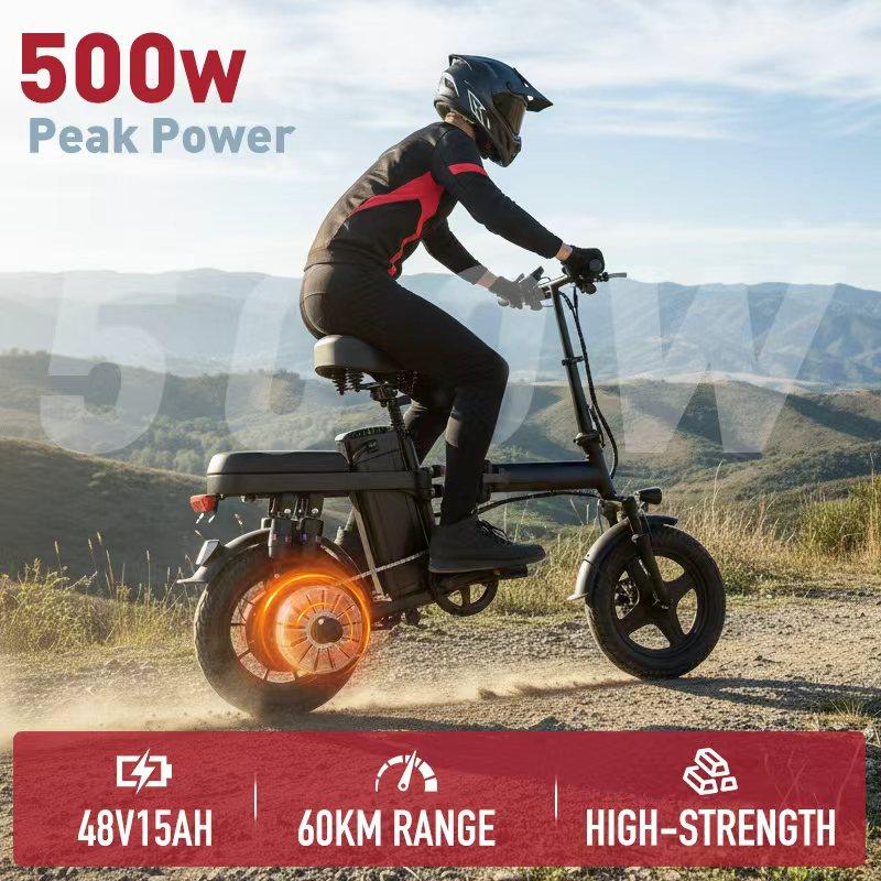 Adult Electric Bicycles 500W Peak Power Foldable with Detachable Batteries 20mph Commuter 48V15AH 60KM Range High-Strength Front Loading Frame Flat Pedals