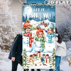 2D FLAT 1pc White Snowman Christmas Banner, Snow Photo Backdrop Face Cutout Snowman Winter Banner Photo Booth Props, 3 Face Cutout Holes, Wonderland Xmaxs Party Decorations