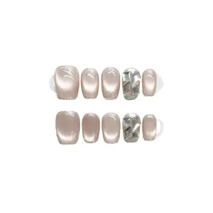 Iced tea pink grapefruit cat's eye, pure handcrafted short style press on nails, new style with a sense of advanced, fair skin showing, detachable nail art.