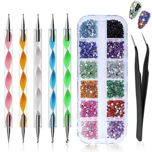 ✨ Nail Art DIY Decoration Tool Set, Includes 12 Colors Flatback Rhinestones / White Rhinestones / 5 Rhinestone Pick-Up Pens / Tweezers Combination | Suitable for Nail Salons and Home DIY