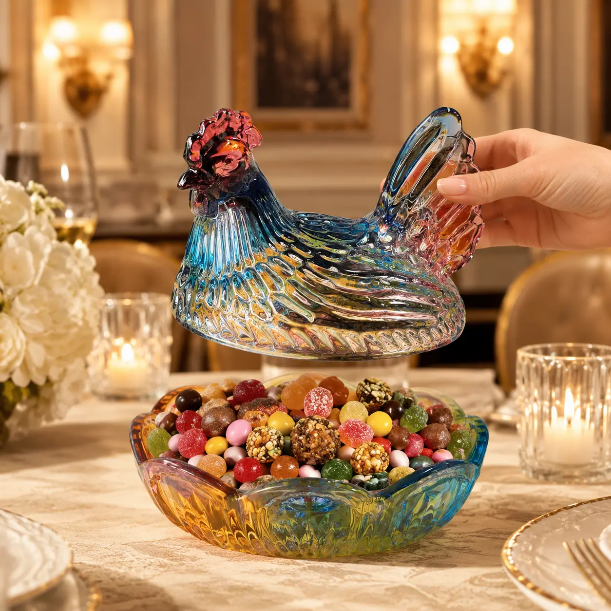 Hen-Shaped Canister Storage Bowl with Lid, Aesthetic Blue Purple Glass Chicken Candy Jar, Organizer for Cookies, Coffee Snacks & Farmhouse Kitchen Decor