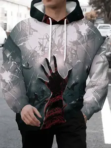 Cool 3D Handprint Hoodie, Unisex Trendy Loose Fit Top, Fall & Winter Fashion Essential, All over Print Casual Sweatshirt