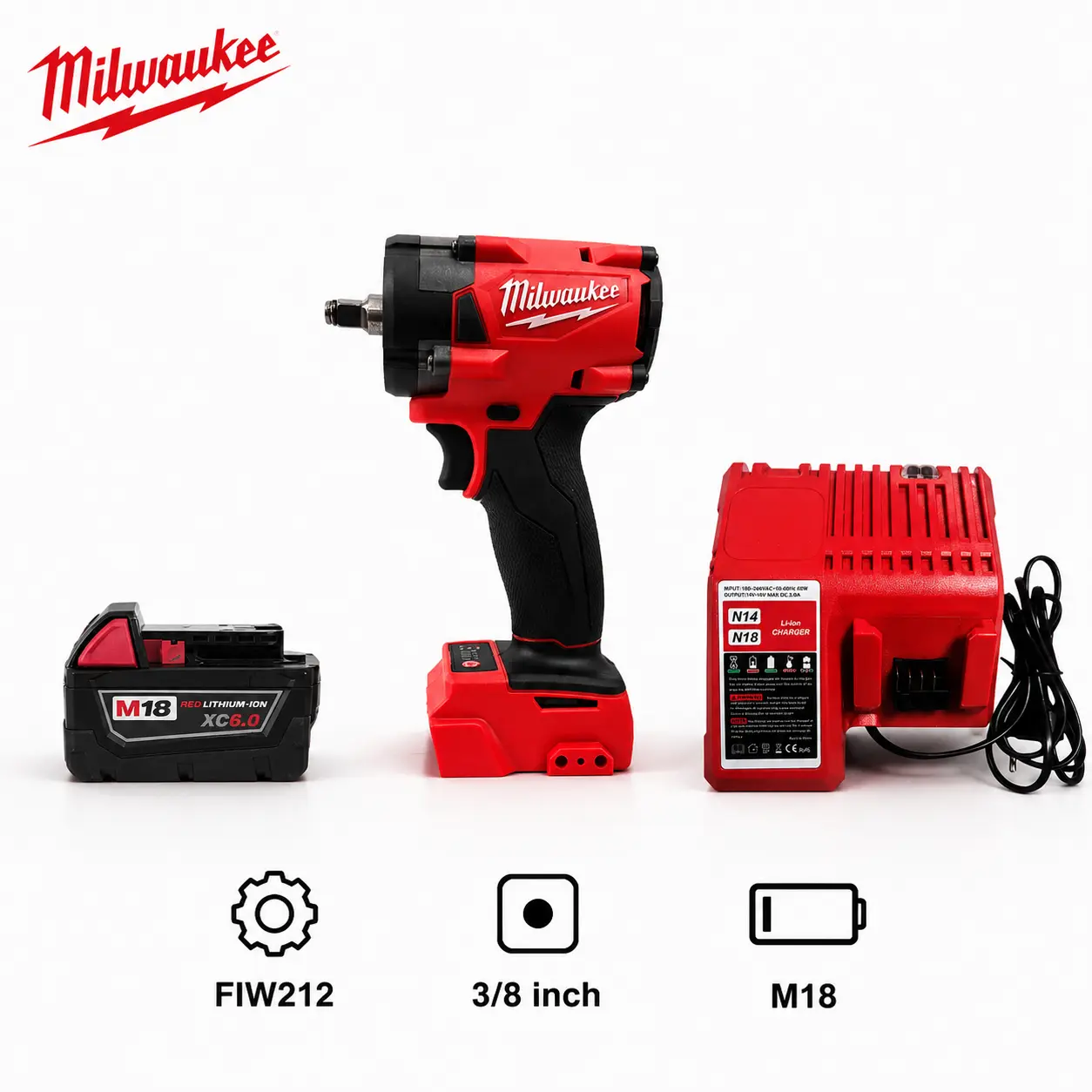 Milwaukee M18 FIW212 3/8 Inch Cordless Impact Wrench Kit with XC6.0 Battery for Automotive Engine Bay Repair, Compact Power Tool Features 339Nm Torque Output Designed for Tight Space Fastener Work