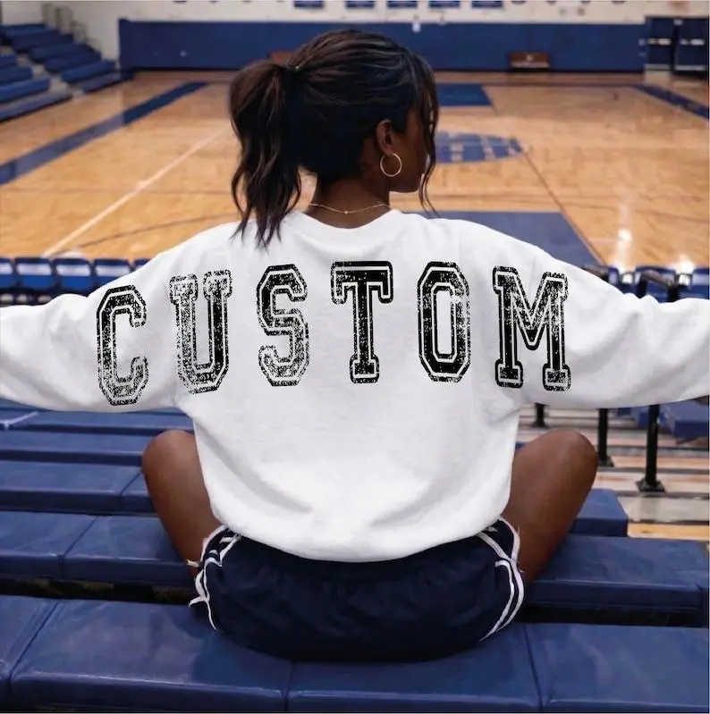 Custom Team Name Sweatshirt, Distressed Varsity Back Print Hoodie, Personalized School Mascot Crewneck, Sports Fan Apparel