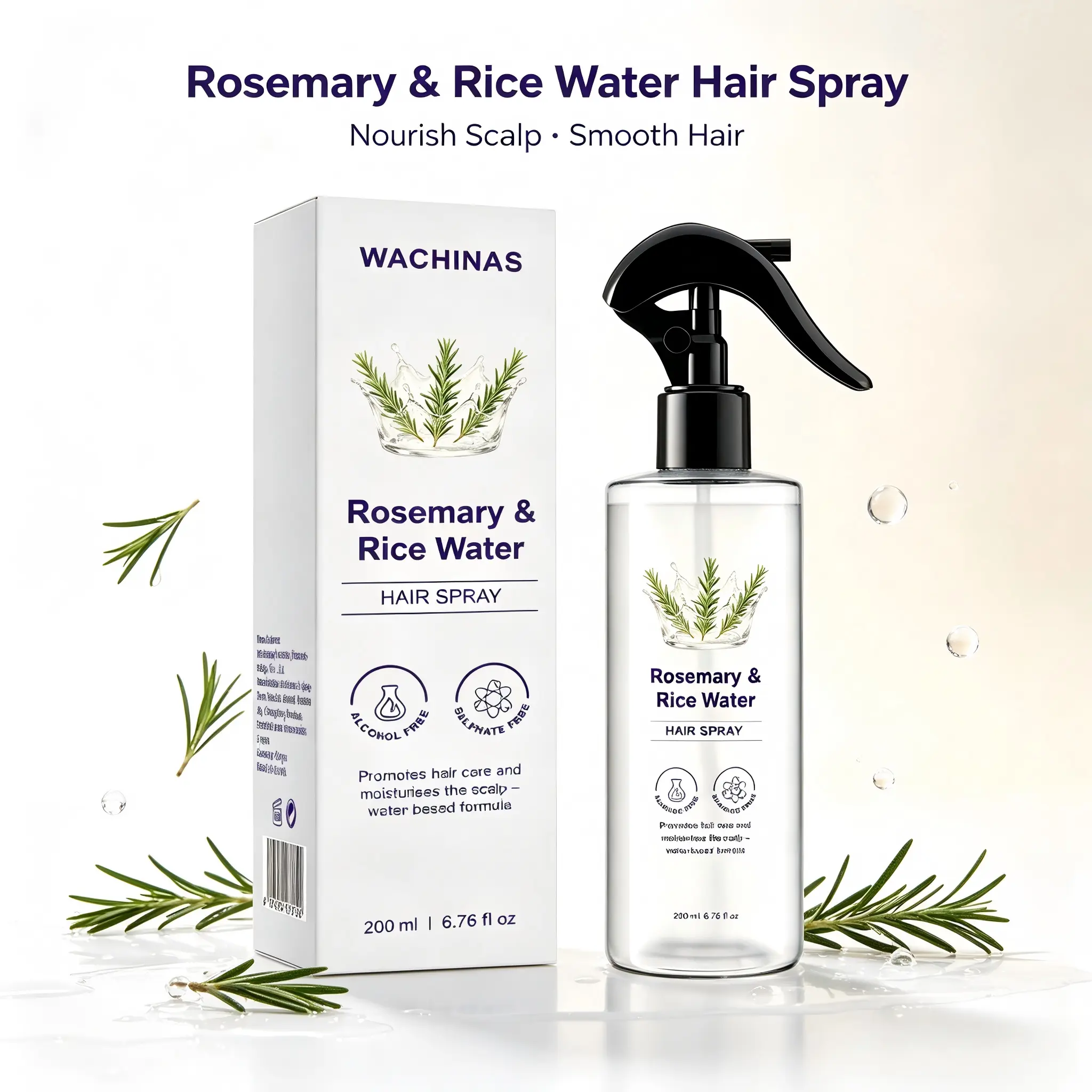WACHINAS Rosemary Rice Water Hair Spray 200ml, Alcohol‑Free Sulfate‑Free Scalp Nourishing Mist, Hydrate Dry Scalp, Smooth Frizzy Hair, Strengthen Hair Roots, Leave‑In Hair Treatment Spray