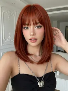 Rust Red Straight Bob Wig with Bangs | Natural Heat Resistant Hair