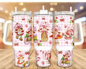 Retro Strawberry Shortcake Cartoon Tumbler 40oz, Cute Pink Gingham Insulated Cup For Women, Portable Car Cup Holder, Retro 80s Cartoon Drinkware Gift | 020426.C00860.ID03