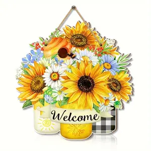 Summer Welcome Bees Sunflower Wall Decor 10.83x11 Inches, Wooden Hanging Decoration for Farmhouse Front Door & Outdoor Charm, Wall Hanging Ornament