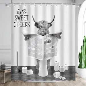BIYSUC Highland Cow Reading Newspaper Shower Curtain Funny Black and White Cattle on Toilet Humor Animals Rustic Farmhouse Style Bathroom Decor Waterproof Polyester Fabric 72Lx60W Inch with Hooks