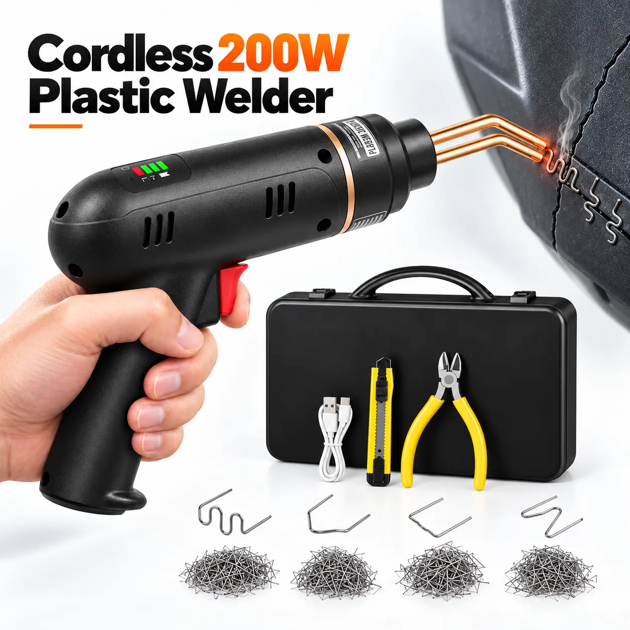 200W Cordless Plastic Welder Kit, Rechargeable Hot Stapler Gun with 5000mAh Battery, 400 Hot Staples in 4 Types, LED Work Light, Pliers, Knife & Storage Case for Car Bumper, Dashboard, Motorcycle Plastic Repair