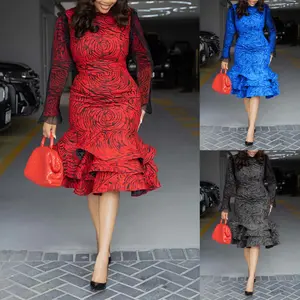 Summer Autumn Clothes Women Long Sleeve mesh O-neck mult Ruffles Bodycon Midi Dress 2025 Africa OL Work Evening Sexy Party Dresses Vestidos