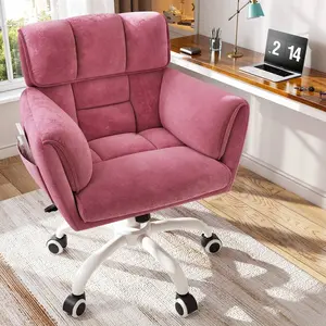 Pink Home Office Chair With Wheels And Side Storage Pockets, Modern Upholstered Vanity Chair With Backrest And Armrests, Height Adjustable Swivel Desk Chair For Bedroom, Study Room And Makeup Table, Soft Fabric Task Chair, Metal Base