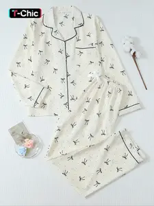 Women's Striped Bow Print Long Sleeve Fitted Pajama Set, Sweet Cute Button Front Top and Pants, Casual Home Wear Loungewear for All Seasons