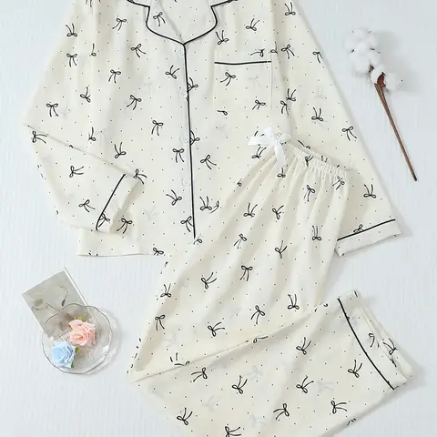 Women's Striped Bow Print Long Sleeve Fitted Pajama Set, Casual Sleepwear Set, Sweet Cute Button Front Top and Pants, Casual Home Wear Loungewear for All Seasons Pyjamas Homewear Nightwear Pjs Style Comfy Loungewear Set