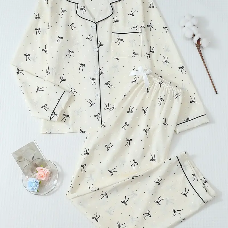 Women's Striped Bow Print Long Sleeve Fitted Pajama Set, Casual Sleepwear Set, Sweet Cute Button Front Top and Pants, Casual Home Wear Loungewear for All Seasons Pyjamas Homewear Nightwear Pjs Style Comfy Loungewear Set