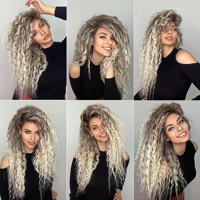 28 Inch Dark Root Silvery Grey Ombre Water Wave Wig for & All Skin Tones, Long Curly Synthetic Hair Wig, Heat Resistant, Soft & Full, Natural Looking Full Wig for Daily Wear, Party & Cosplay