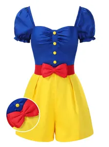 RETRO STAGE Women's 1950s Fitted Colorblock Print Overalls - Lady's Short-Sleeve Sweetheart Collar, Tie Front, Bow Belt, Waistband, Flared Leg Romper Jumpsuit