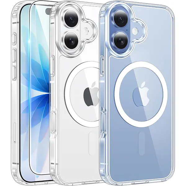 For iPhone 17/16/15/14/13 Clear Phone Cases Magnetic Charging Anti Yellowing Shockproof Magsafe Support with Screen Protector(Pay attention to the tempered film model)