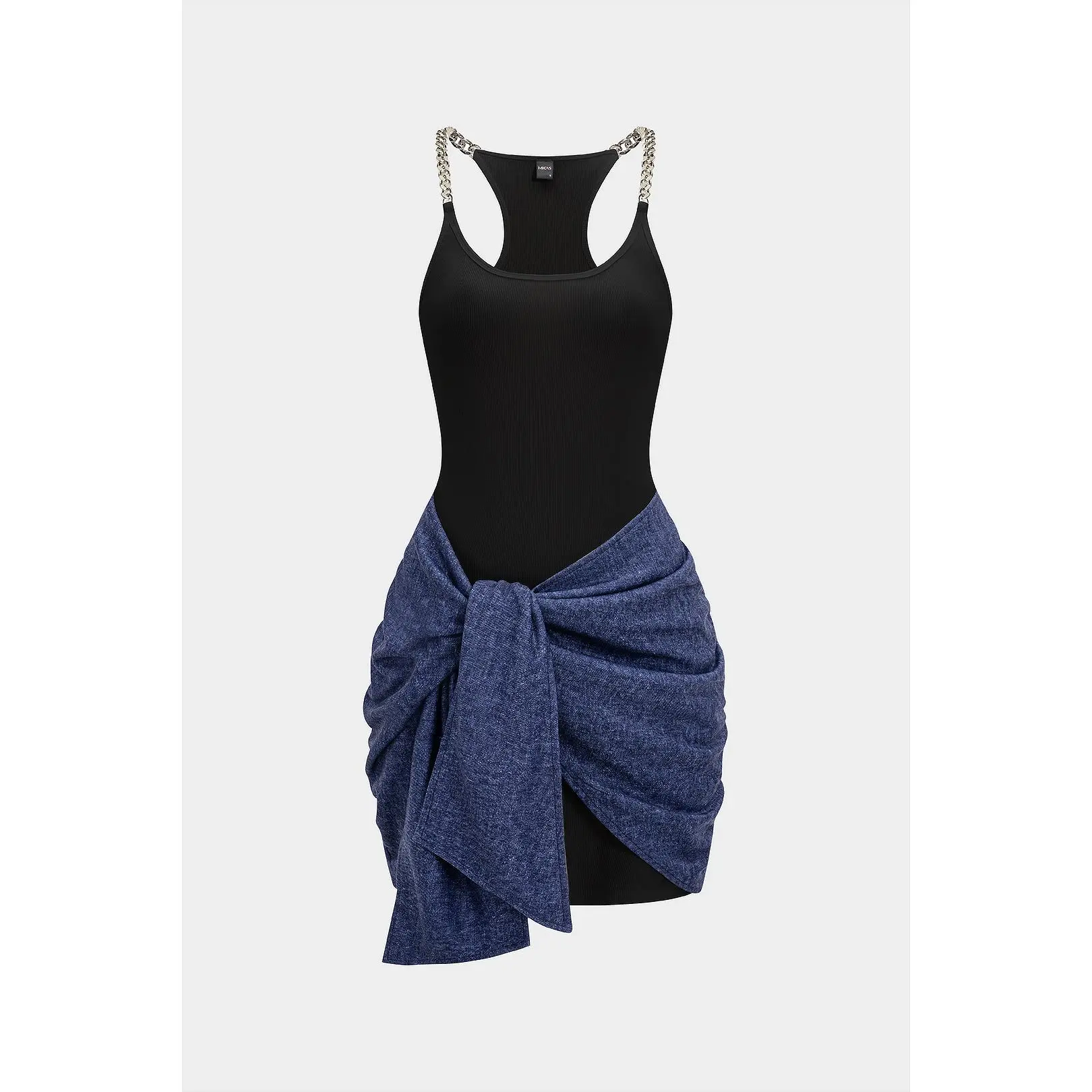 Tie Front Ruched Metallic Chain Patchwork Sleeveless Mini Dress