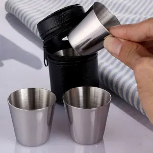 Stainless Steel Cup with Cup Holder, 4 Counts Mini Durable Water Cup, Drinking Cup for Home Kitchen Party Picnic, Portable Travel Mug, Metal Cup