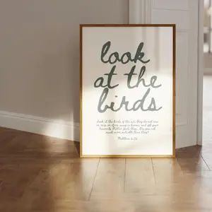Matthew 6 26 Bible Verse Wall Art - Look At The Birds Christian Farmhouse Poster, Typography Scripture Print, Inspirational Christian Decor, No Frame