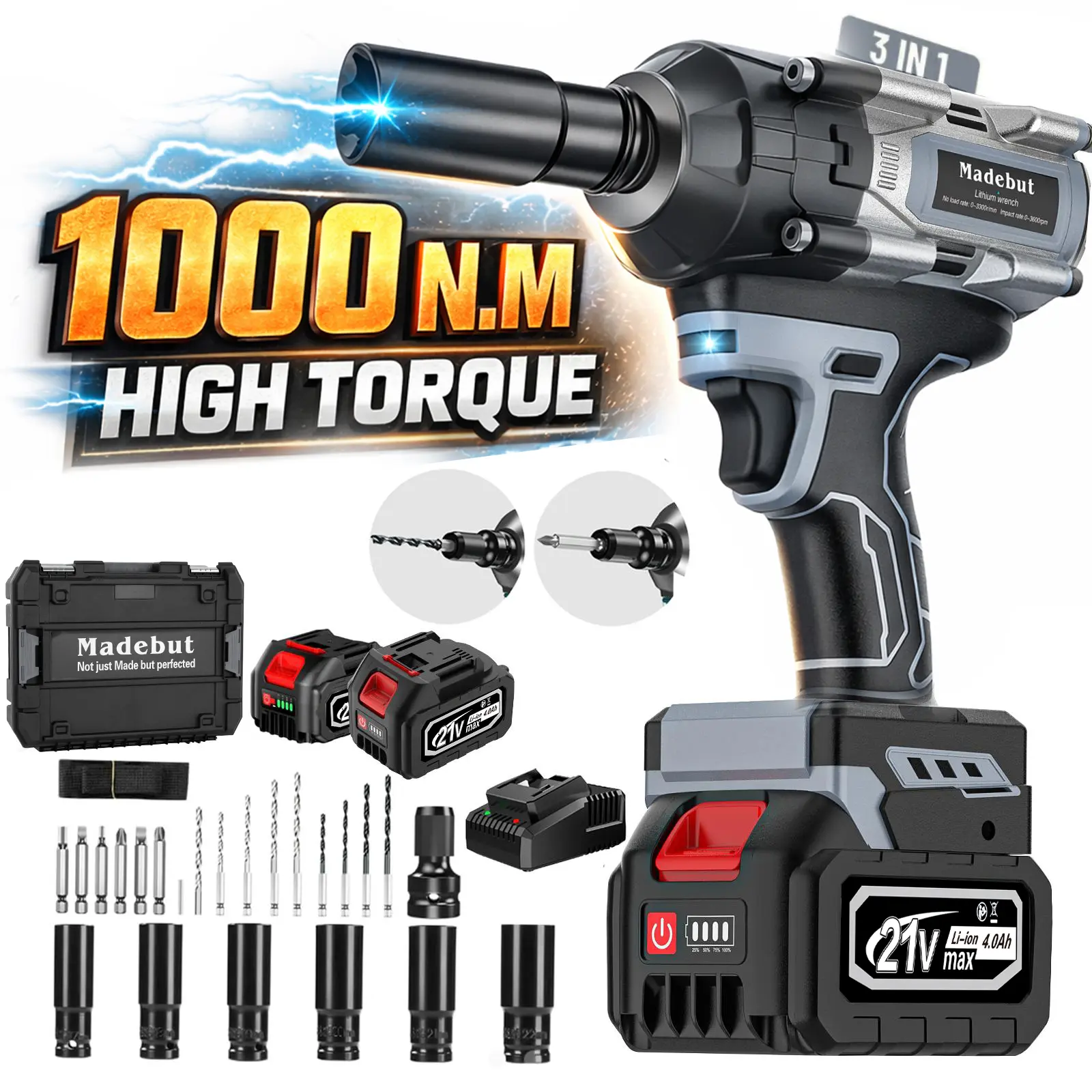 3-IN-1 Cordless Impact Wrench, All-Metal Cordless Impact Gun with 2 * 4.0Ah, Electric Impact Wrench with 5 5 Sockets #SummerVibes