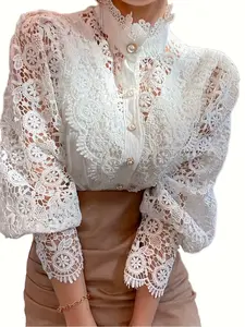 Elegant Plus Size Women's New Shirt, Casual Lace Patchwork High Neck Long Sleeve Blouse Top, Stylish Floral Edge Design, Womenswear Chic, Lady