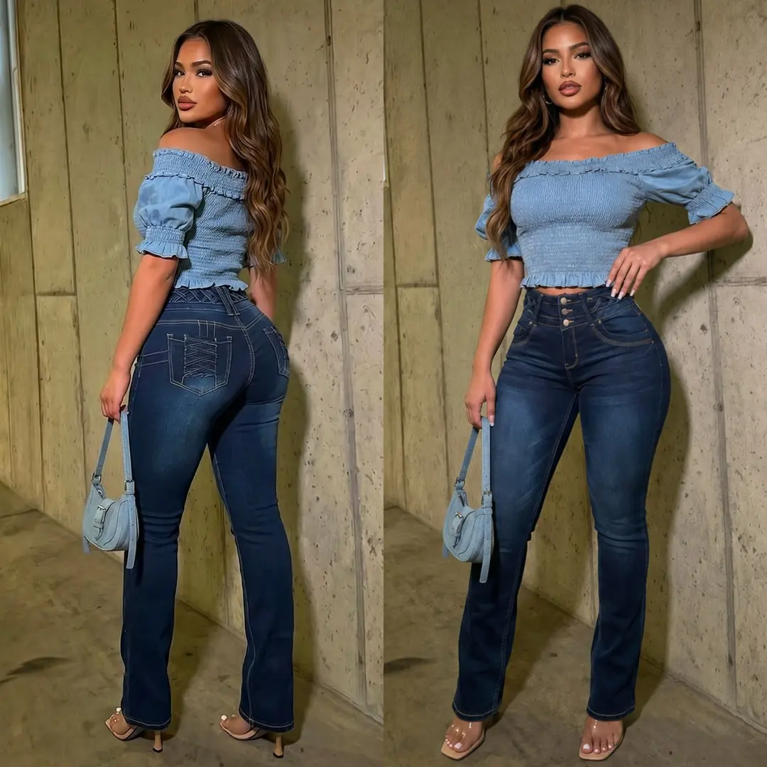 Women’s Bootcut Push Up Stretch Jeans, High Waist Dark Wash Levantacola with Lace-Up Waistband and Tummy Control – MX JEANS by ModaXpress