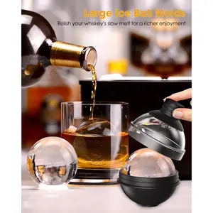 Large Round Ice Ball Maker Mold Silicone for Whiskey - Set of 4 with 2-in-1 Funnel Lid - 2.4 Inch Big Sphere Ice Mold for Cocktails Bourbon - Easy Release - Perfectly Round Ice Cube Tray