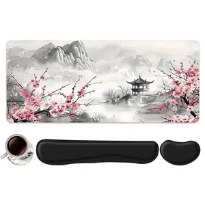 4pcs Chinese Ink Wash Landscape Plum Blossom Design Mouse Pad + Keyboard Wrist Rest + Ergonomic Mouse Pad + Coaster Set, Office Accessories Set, Computer Mat for Desktop Decoration, Suitable for Home Office Gaming, Non Slip Mousepad