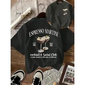 Women's Espresso Martini Cocktail Print Round Neck Tee, Casual Short Sleeve T-shirt for Daily Wear, Ladies Sleepwear for Fall, Top